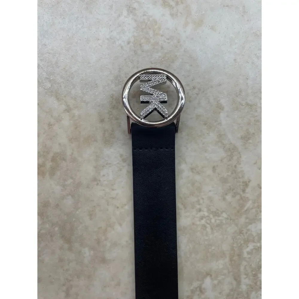 Belt Michael Michael Kors L-XL MK Logo Black Leather Rhinestone Buckle 1” approx